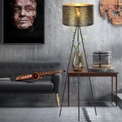 Stehleuchte, Dekor Stanzungen, Schwarz-gold,H 153 Cm