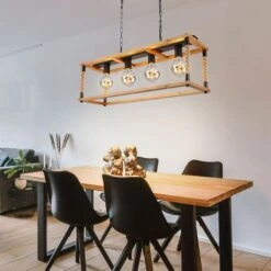 Hängeleuchte, Holz, Hanfseil, Naturfarben, Schwarz, L 80 Cm