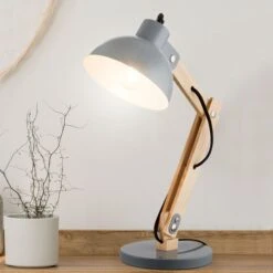 Tischleuchte, Holz, Hell, Metall, Grau, 1,5 M Kabel