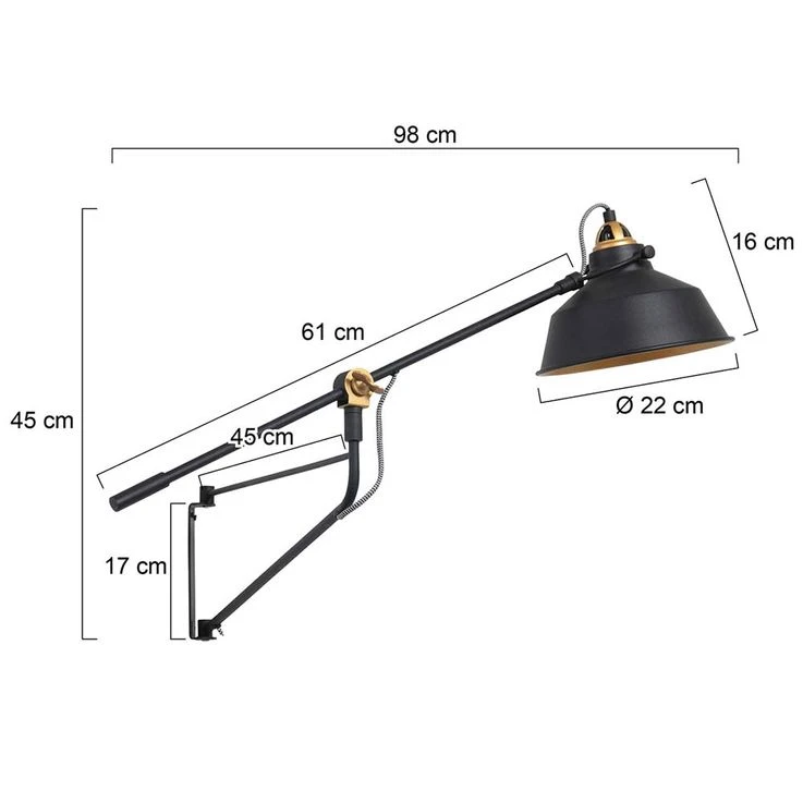 Wandlampe, Metall, Schwarz Gold, Höhenverstellbar, D 22 Cm – Bild 9
