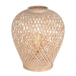 Tischleuchte, Bambuskorb, Geflecht, Beige, Matt, H 30 Cm