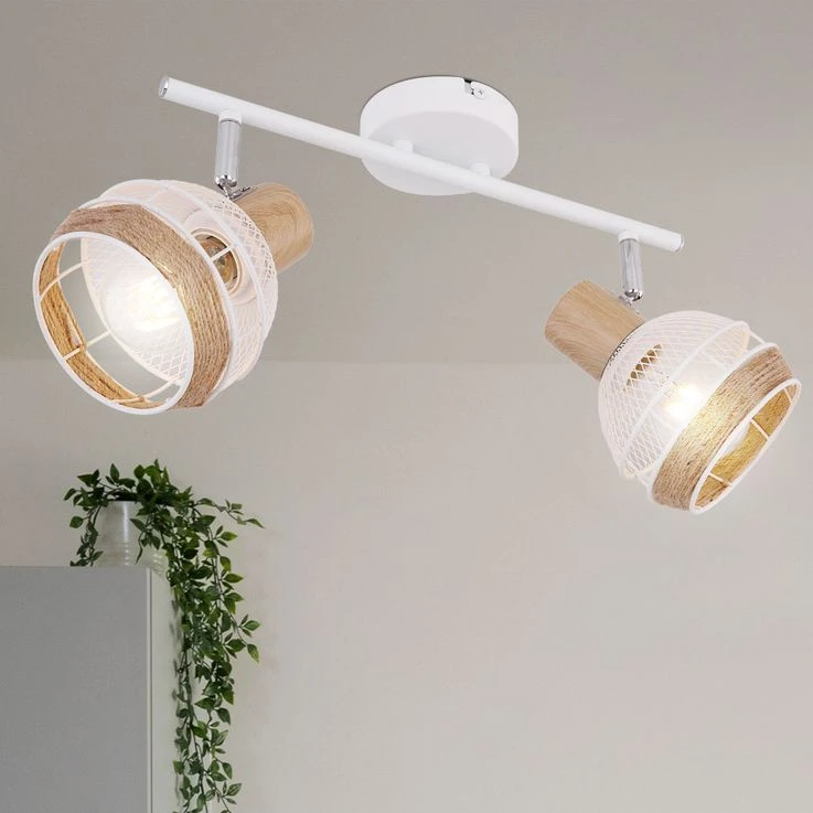 Deckenleuchte, Hanfseil, Weiß-braun, Holz-Optik, Spots Verstellbar, WIDY