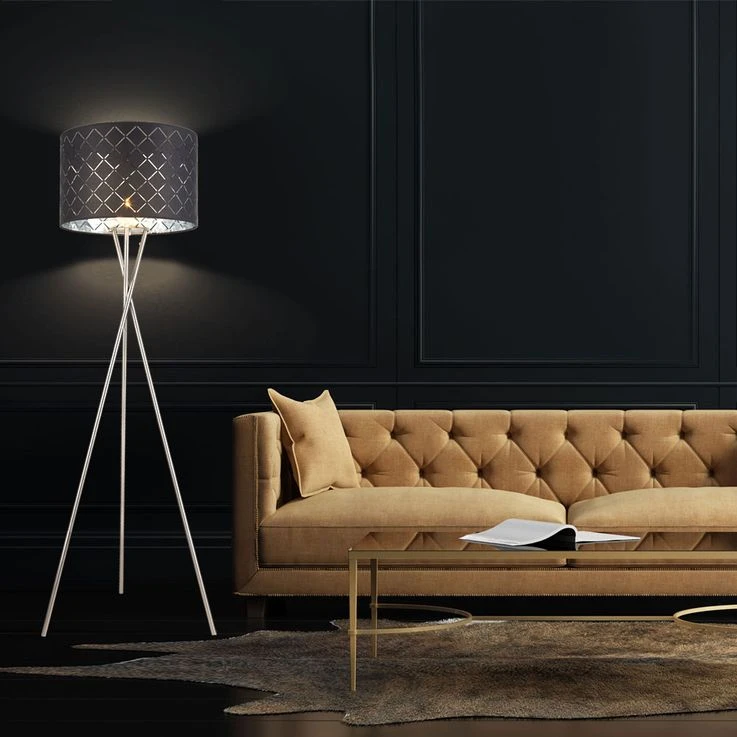 Stehleuchte, 3-Bein Stativ, Textil, Silber Grau, H 160 Cm