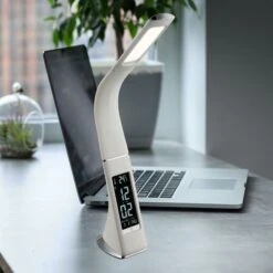 LED Tischlampe, Weiß, Touchdimmer, Uhr, Wecker, Flexo