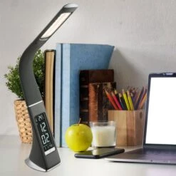 LED Tischlampe, Grau, Touchdimmer, Uhr, Wecker, Flexo