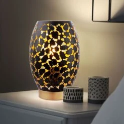 Tischleuchte, Schwarz-gold, Dekor Stanzungen, H 23 Cm, HANNY