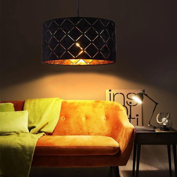 Pendelleuchte, Schwarz-gold, Dekorstanzungen, 38 Cm