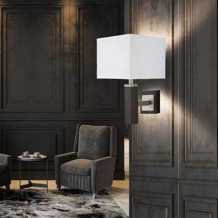 Wandleuchte, Holz Braun, Silber, Textil Weiß H 35 Cm