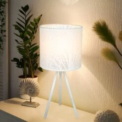 Tischleuchte, Metall, Dreibein, Baummuster Weiß, H 35 Cm