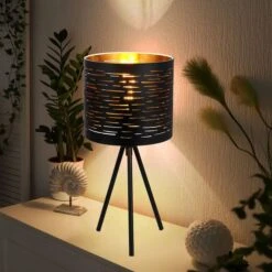 Tischlampe, Schwarz, Rund, 3 Bein, Goldfarben