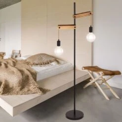 Stehleuchte, Schwarz-matt, Holz Natur, Hanfseil